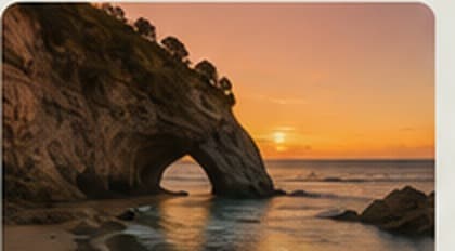 A coastal rock arch lit by a low golden sunrise