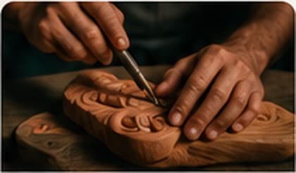 A carver shaping detail into a wooden panel with a chisel