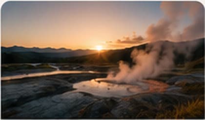 Steam rising from geothermal pools at sunrise