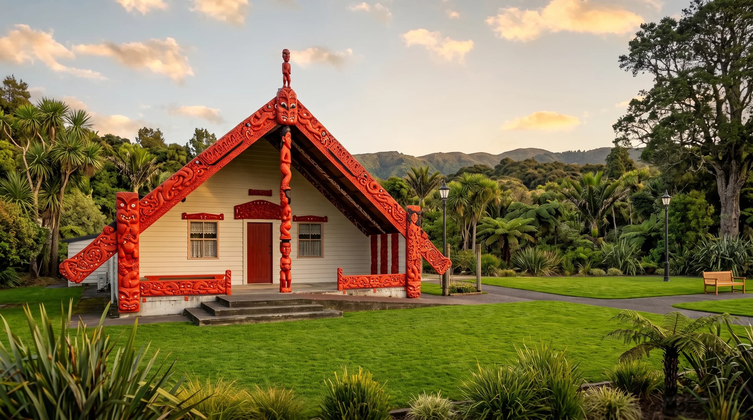 A carved wharenui with red kōwhaiwhai facings, ringed by native bush and hills at golden hour