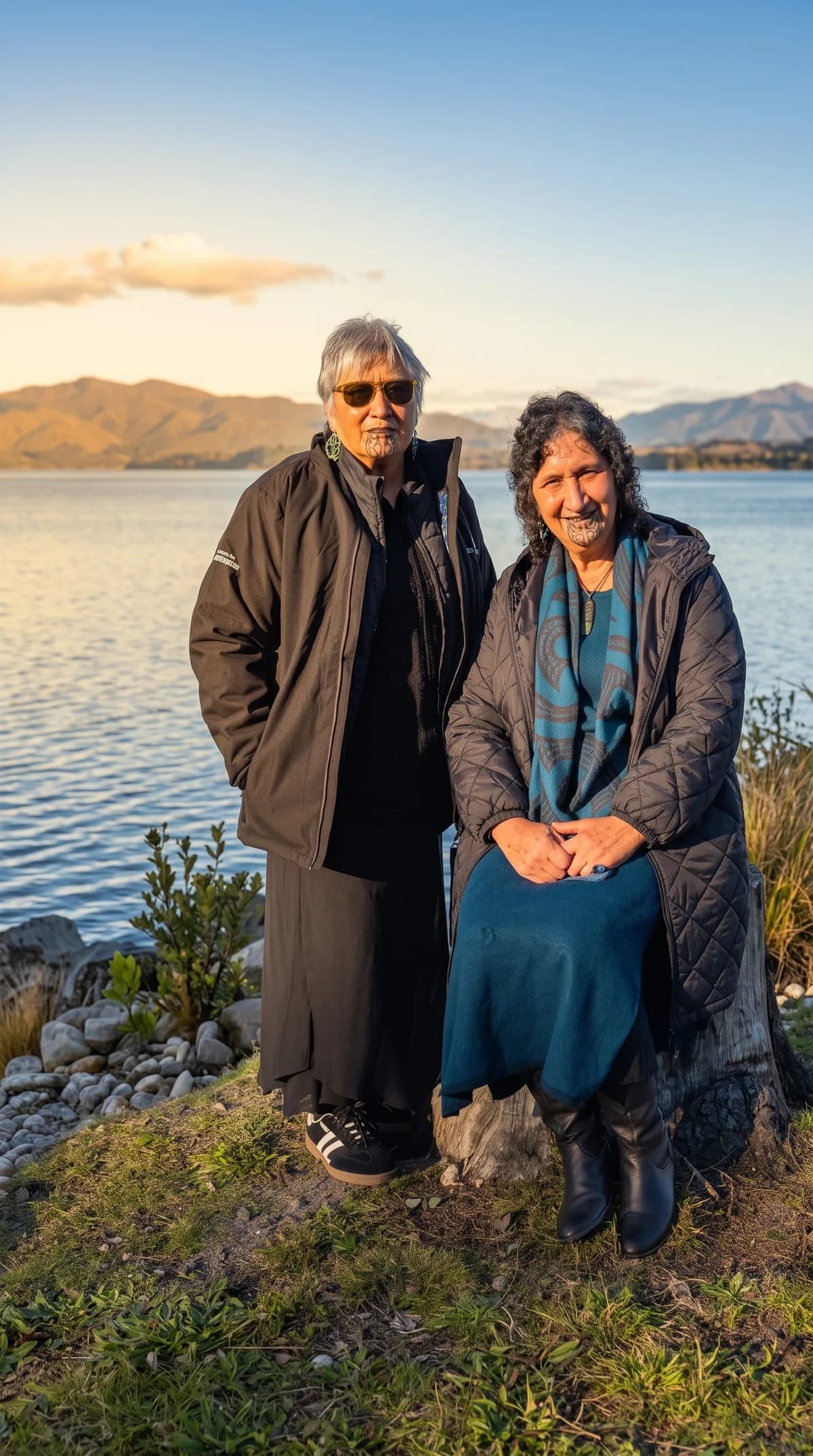 Two kuia standing together on the shore of a lake at golden hour, hills behind them