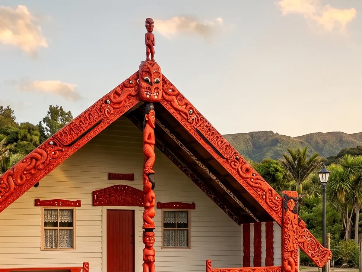 Carved maihi and a tekoteko on the gable of a wharenui, lit by late sun